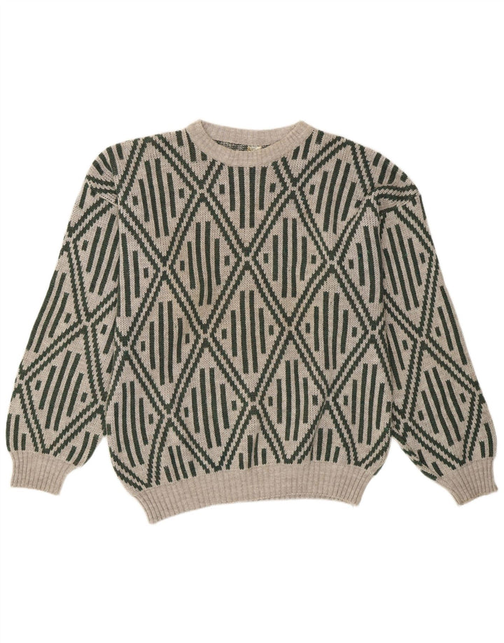 Pulover vintage pentru bărbați cu gâtul turnat, acrilic geometric, gri mediu