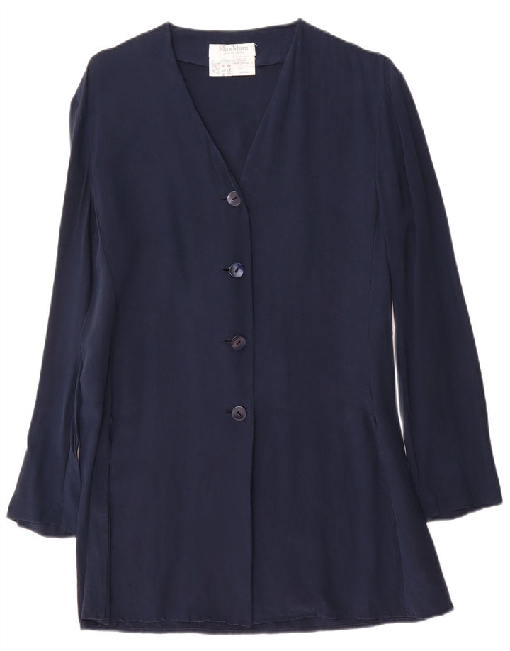 Jachetă Blazer pentru femei Max Mara cu 4 nasturi UK 14 Medium Bleumarin Mătase