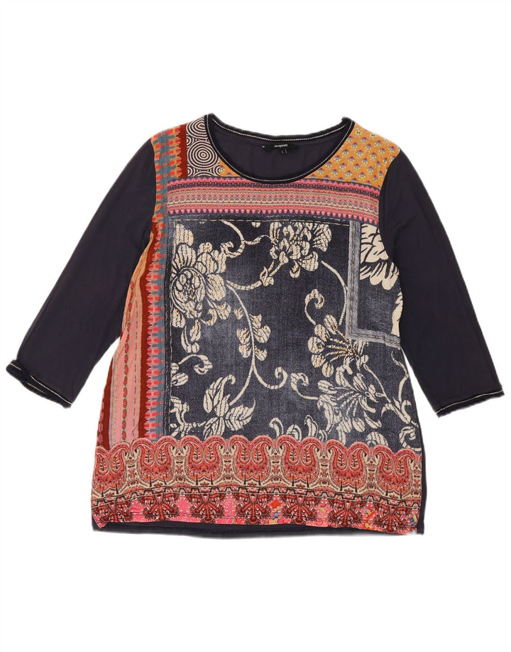 DESIGUAL Top cu grafică pentru femei cu mâneci 3/4 UK 14 mare, gri, floral
