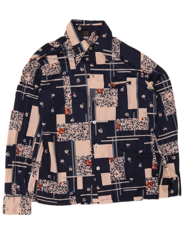 Bluză de cămașă vintage pentru femei UK 14 Medium Patchwork bleumarin