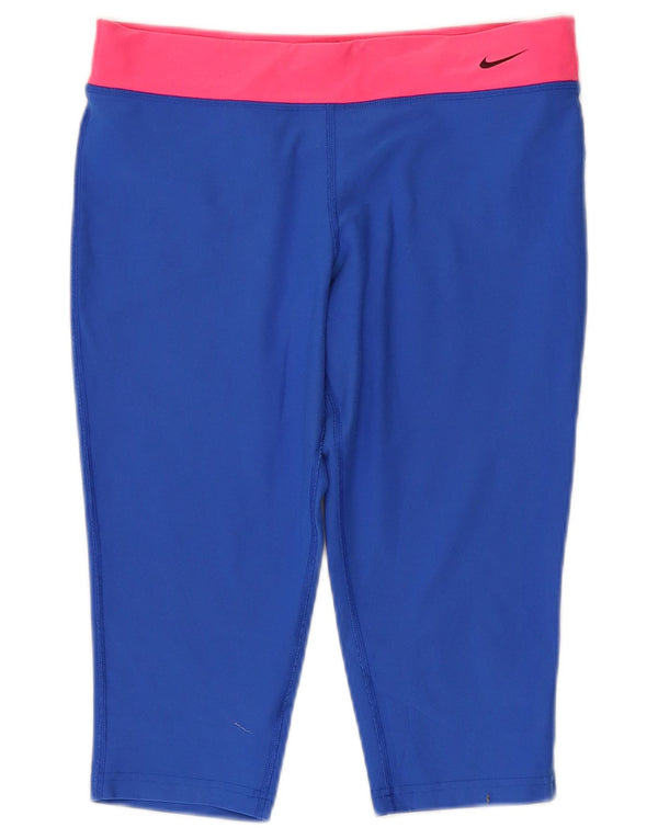 Nike Girls Dri Fit Capri Leggings 13-14 Years XL Blue Colourblock Polyester