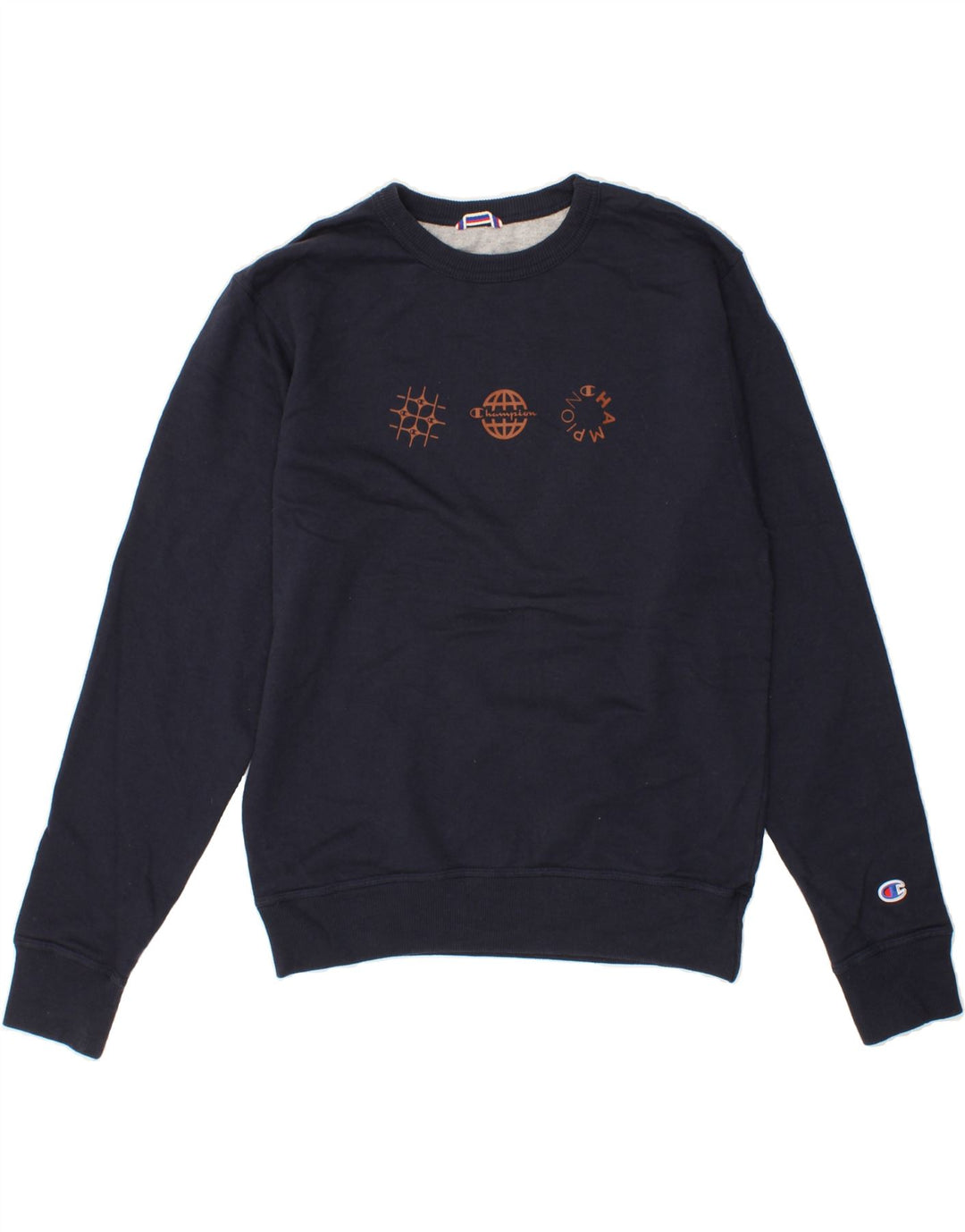 CHAMPION Mens Graphic Sweatshirt Jumper Small Navy Blue Cotton Vintage Champion and Second-Hand Champion from Messina Hembry 