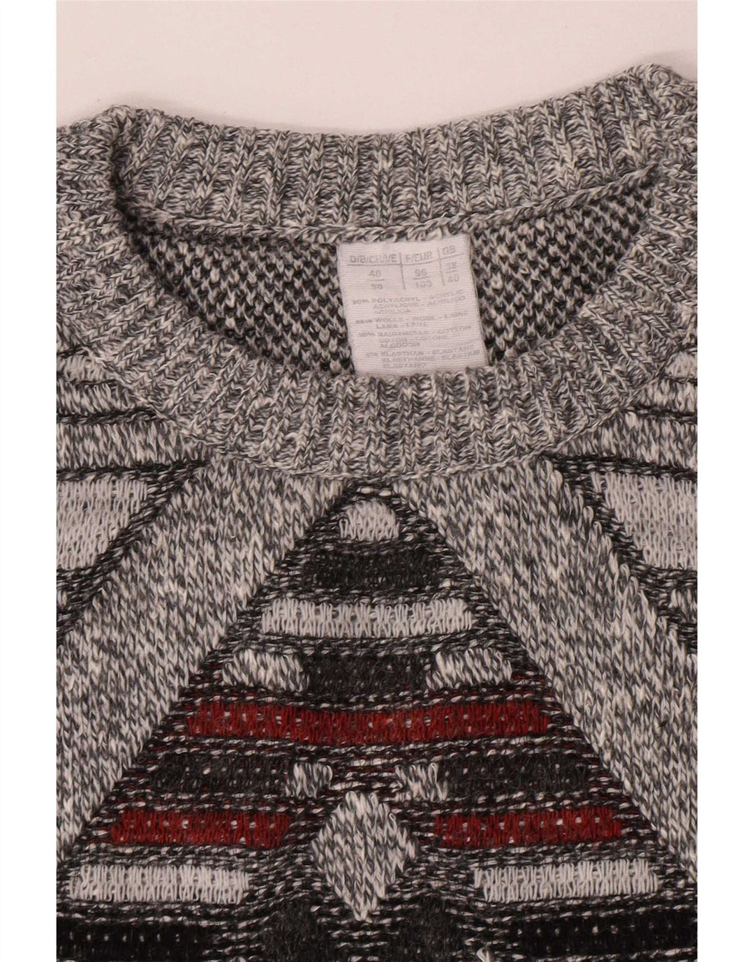 Pulover vintage pentru bărbați cu gât roșu, Marea Britanie 38/40 Medium Gri Geometric