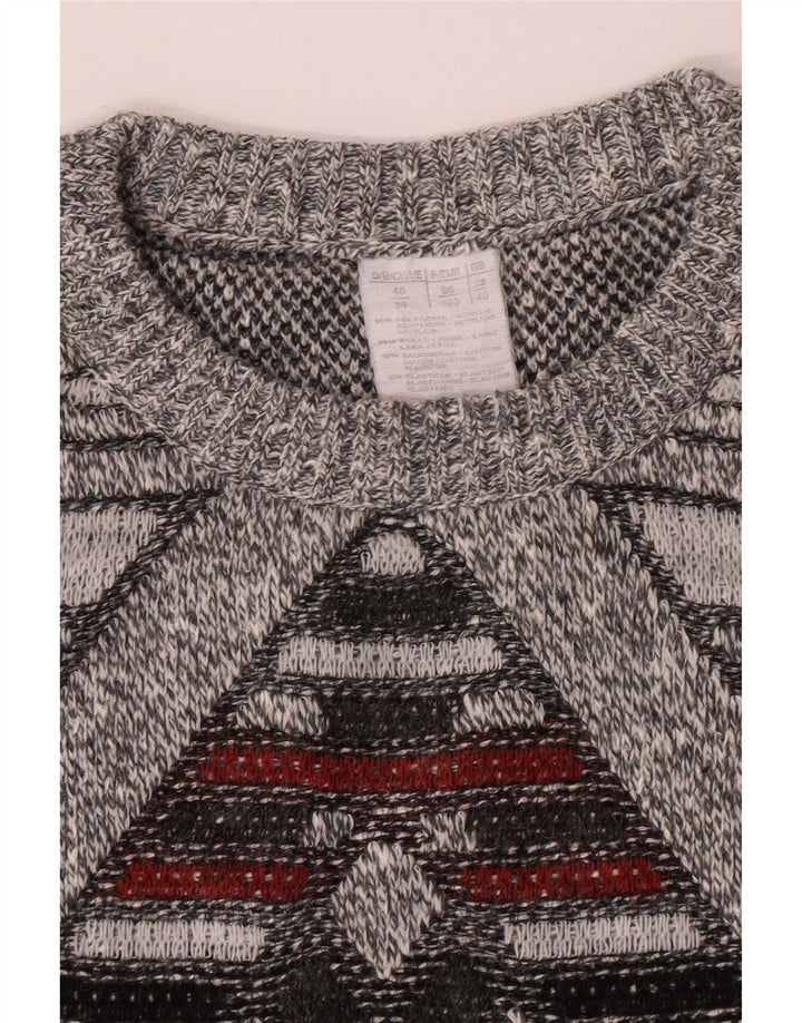 Pulover vintage pentru bărbați cu gât roșu, Marea Britanie 38/40 Medium Gri Geometric