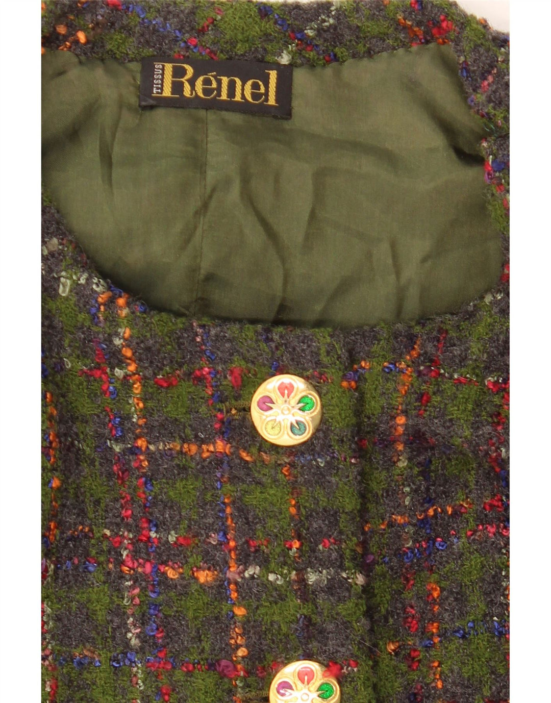 Jachetă vintage pentru femei crop cu 5 nasturi, UK 14, verde mediu, check
