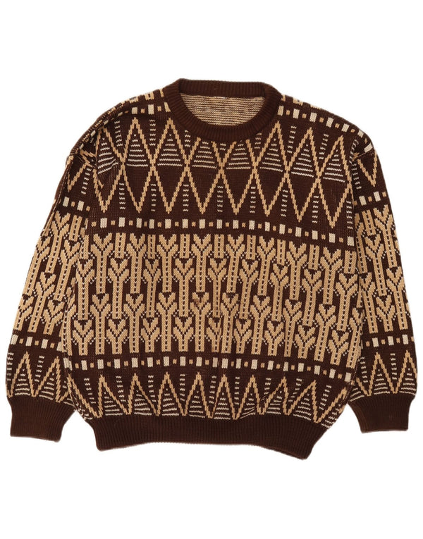 Pulover vintage pentru bărbați cu gâtul turnat, mare, maro, Fair Isle