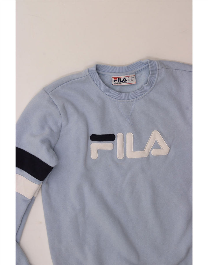 FILA Womens Graphic Sweatshirt Jumper Small Blue Colourblock Cotton Vintage Fila and Second-Hand Fila from Messina Hembry 