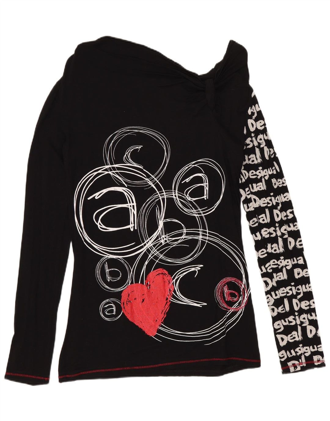 DESIGUAL Top grafic cu umăr dezactivat pentru femei cu mânecă lungă UK 12 mediu negru