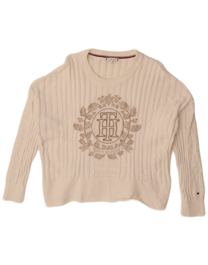 Pulover Tommy Hilfiger pentru damă, cu grafică, cu gâtul turn, alb mediu, UK 14