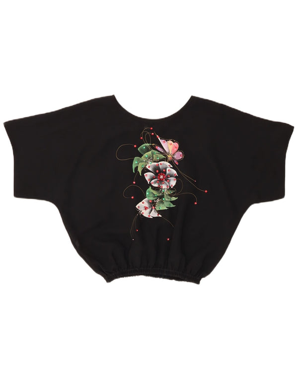 Bluză Vintage pentru femei Crop Top UK 14 Medium Black Floral