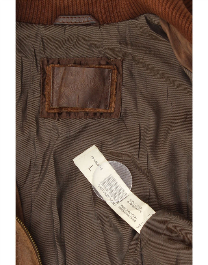 Jachetă bomber din piele pentru femei Bershka UK 14, mare, maro, din piele