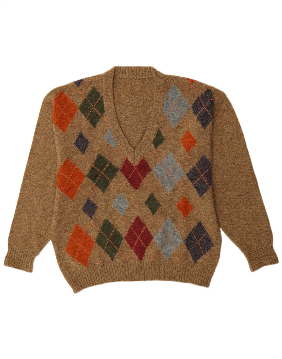 Pulover vintage pentru bărbați cu decolteu în V, maro mediu Argyle/Diamond