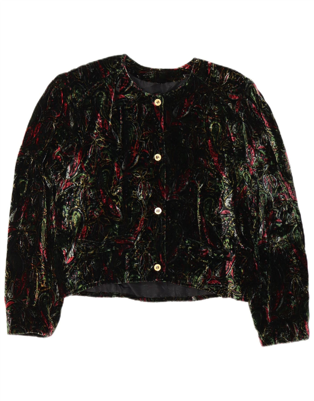 Jachetă vintage pentru femei crop cu 4 nasturi, UK 12, verde medie, florală, retro