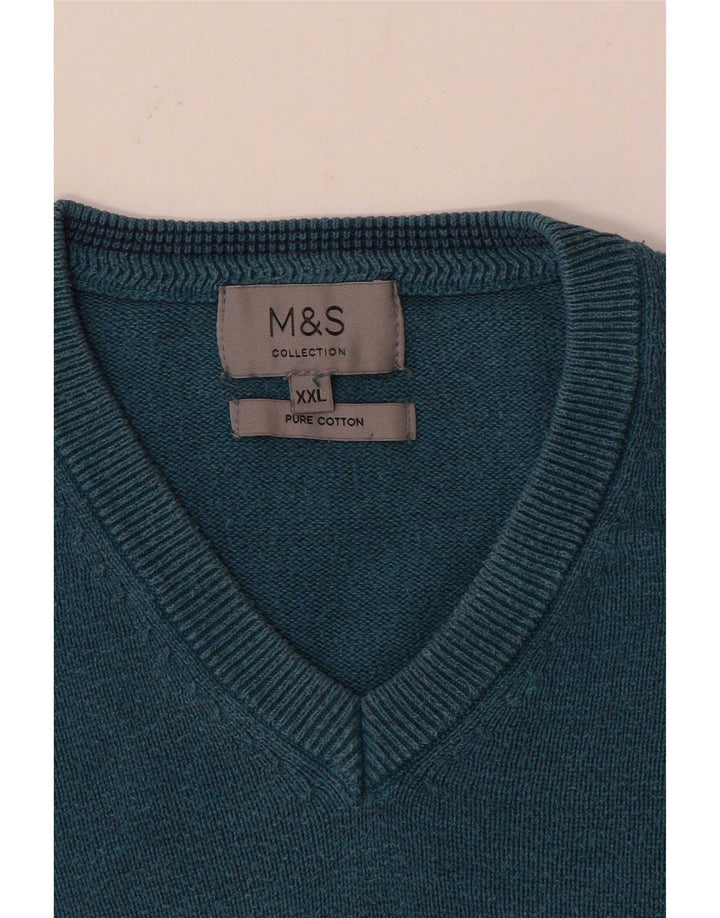 Pulover cu decolteu în V pentru bărbați Marks & Spencer, bumbac albastru 2XL
