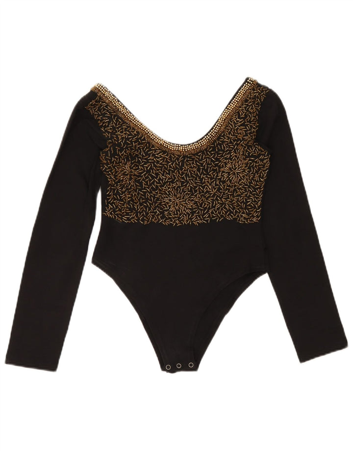 Body vintage pentru femei cu mânecă lungă UK 12 bumbac mediu negru