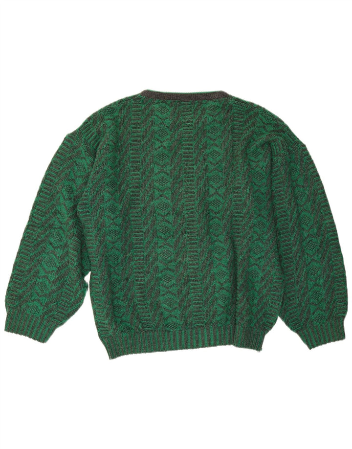 Pulover vintage pentru bărbați cu decolteu triplu, verde mediu geometric