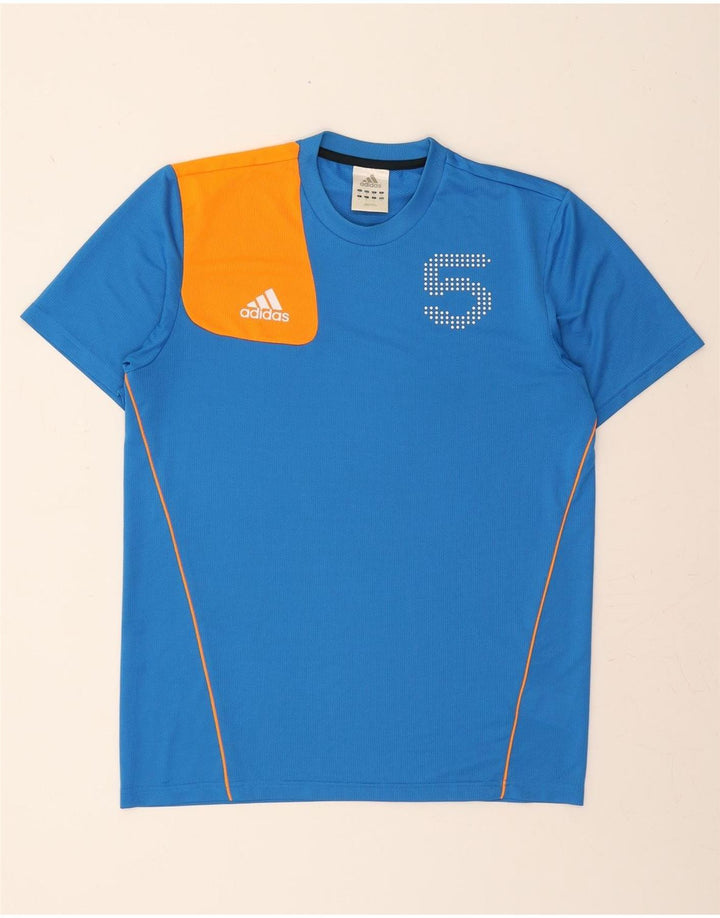 ADIDAS Mens Graphic T-Shirt Top Medium Blue Colourblock Polyester Vintage Adidas and Second-Hand Adidas from Messina Hembry 