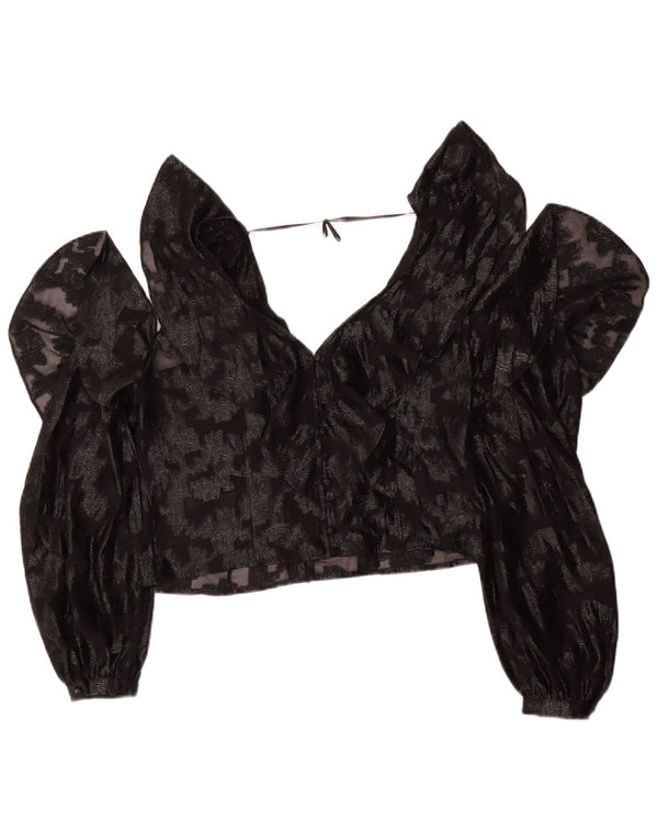Bluză vintage cu mânecă lungă pentru damă, top UK 14 Medium Black Floral