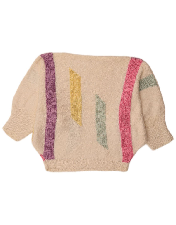 Pulover vintage pentru femei cu liliac cu gât de barcă, UK 18 XL, alb, bloc de culoare