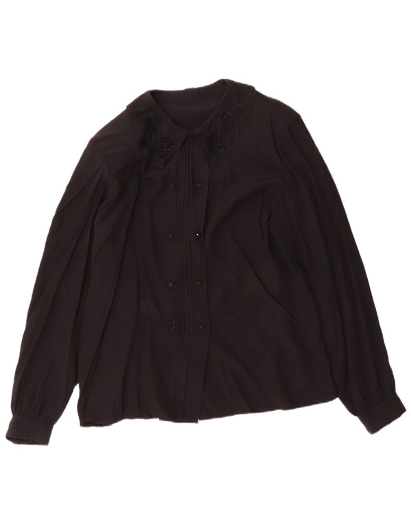 Bluză cămașă vintage pentru femei UK 12 Medium Black Acetat
