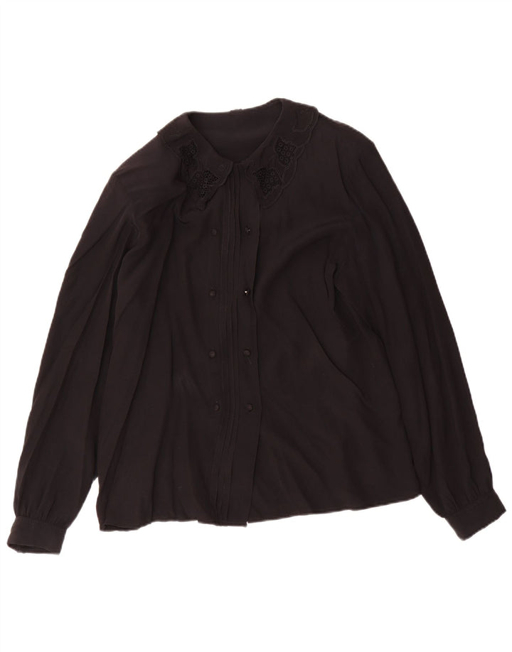 Bluză cămașă vintage pentru femei UK 12 Medium Black Acetat