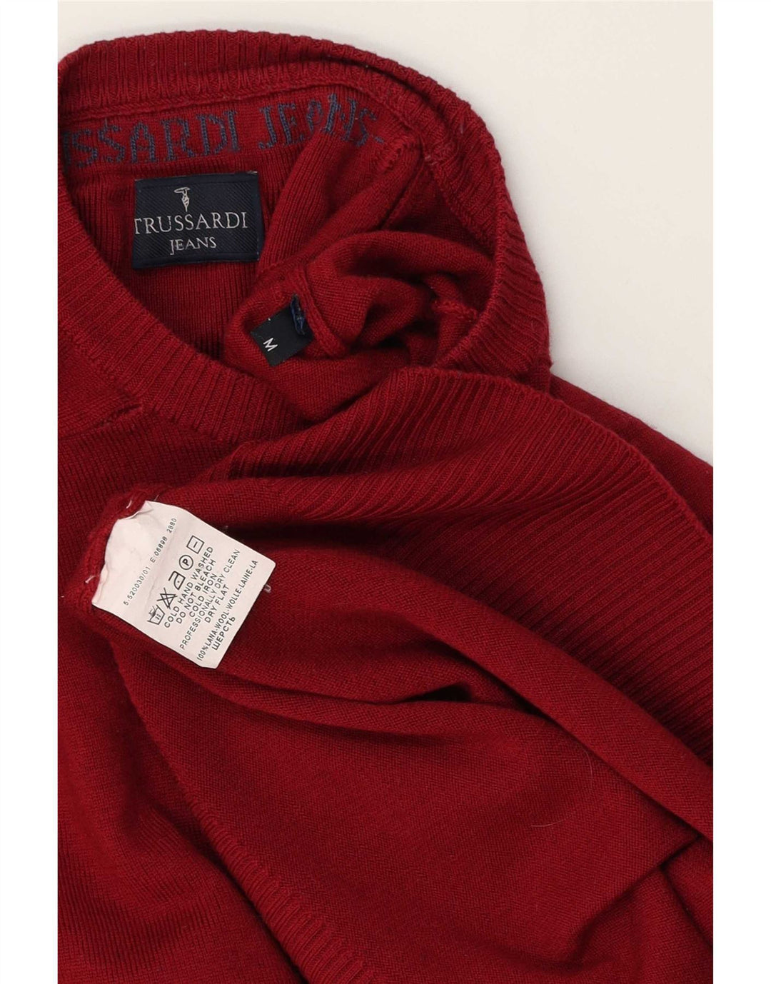 Pulover pentru bărbați Trussardi Jeans cu decolteu rotund din lână burgundă medie