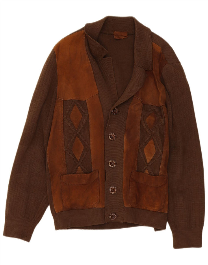 Pulover Cardigan Vintage pentru bărbați, maro mediu, bloc de culoare