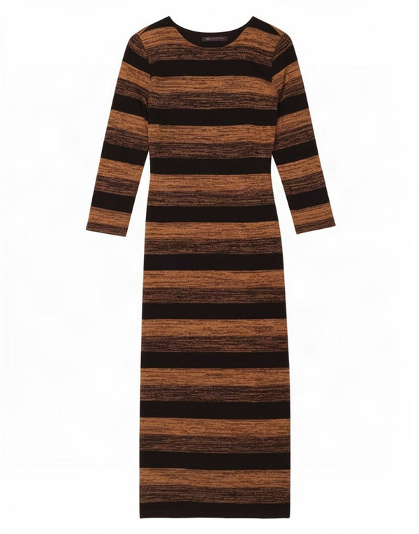 Marks & Spencer Womens 3/4 Sleeve Jumper Dress UK 8 Small Brown Striped