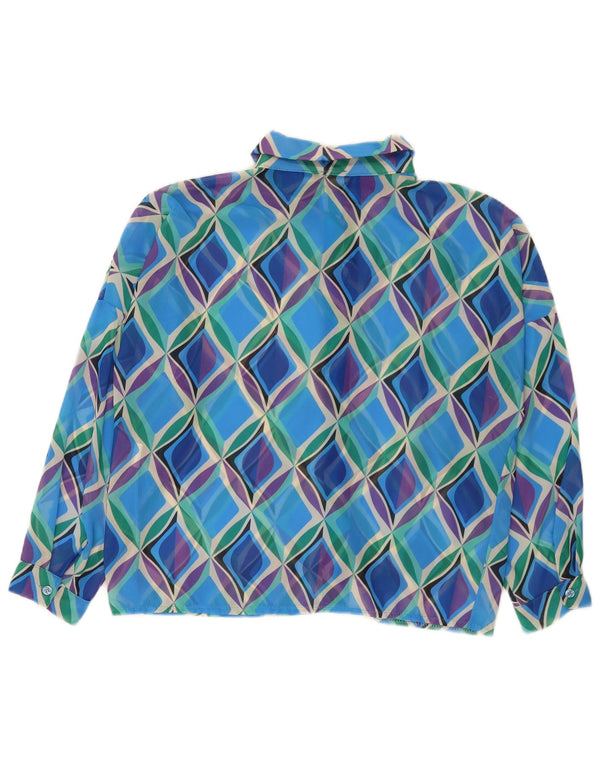 Bluză cămașă vintage pentru femei cu mâneci 3/4 UK 16, mare, albastru, poliester geometric
