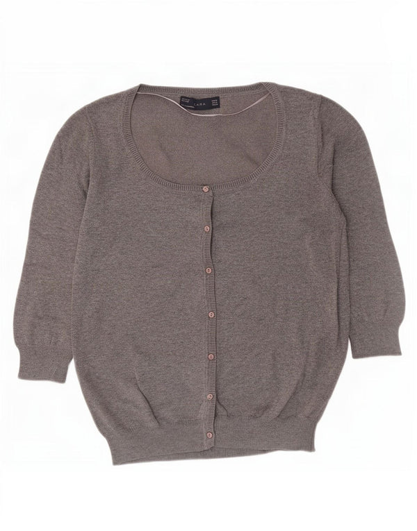 Pulover cardigan pentru femeie Zara cu mâneci 3/4 UK 12 bumbac gri mediu