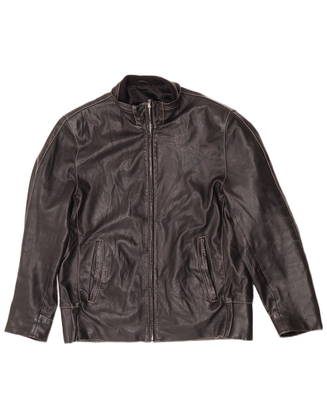 Jachetă din piele vintage pentru bărbați, cu fermoar, IT 50, mare, negru, motociclist