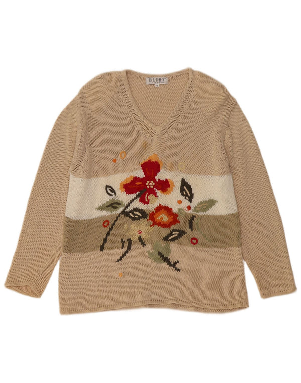 VINTAGE Pulover supradimensionat pentru femei cu decolteu în V UK 14 Medium Bej Floral