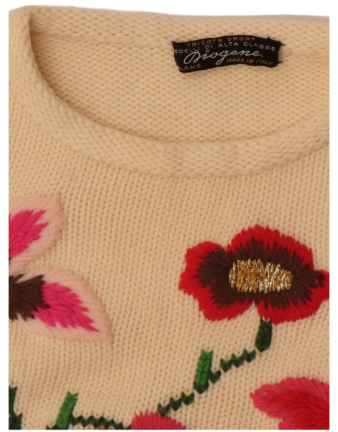 Pulover vintage pentru femei cu gât roșu, pulover UK 14, mediu, alb, floral