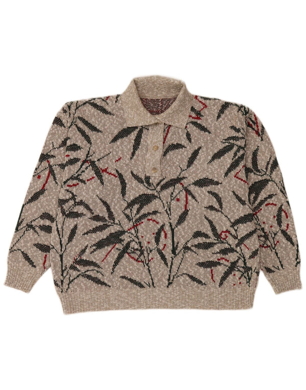 Pulover vintage cu gât polo pentru femei UK 16 mare, gri, floral