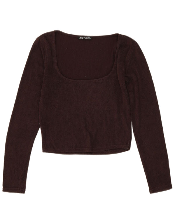 Crop Top pentru femei Zara cu mânecă lungă UK 12 Poliester maro mediu