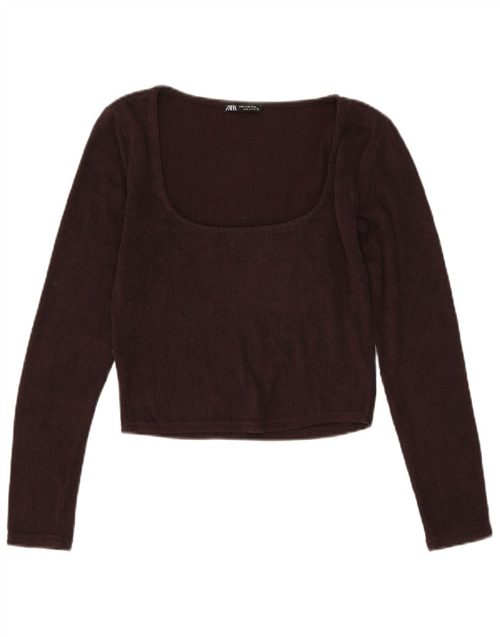 Crop Top pentru femei Zara cu mânecă lungă UK 12 Poliester maro mediu