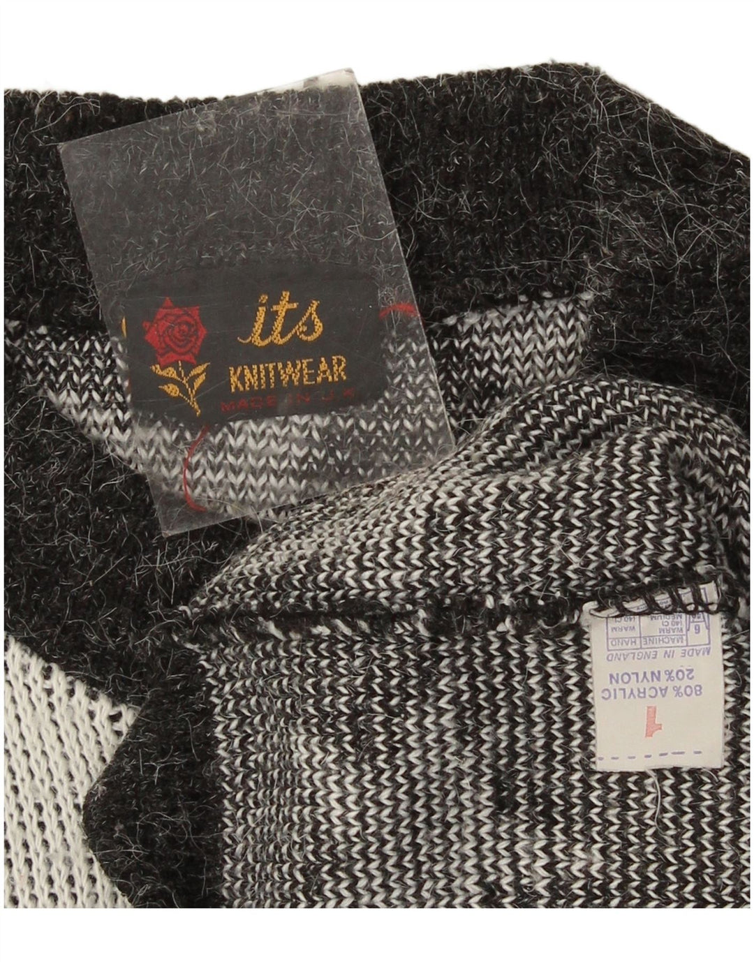 Pulover vintage pentru femei cu model abstract, cu gâtul turn, pulover UK 14 mare negru