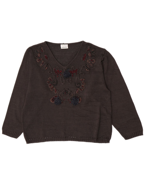 Pulover vintage cu decolteu în V pentru femei UK 16 mare maro geometric