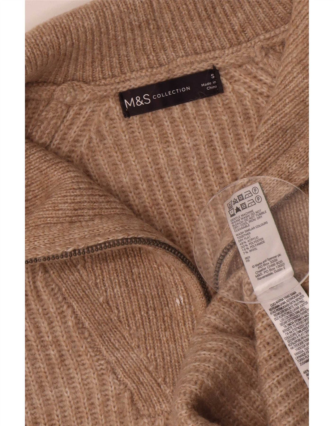 Pulover pentru femei Marks & Spencer, cu fermoar, cu gât, UK 10, maro, pete mic