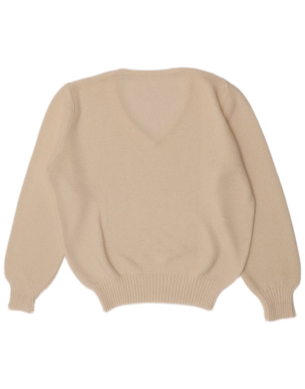 Pulover vintage pentru femei, cu decolteu în V, cu formă regulată, UK 10, mic, alb, acrilic