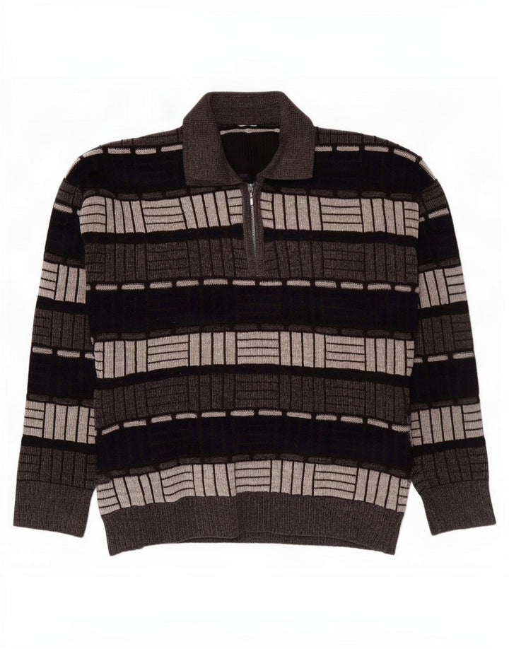Pulover vintage cu gât polo pentru bărbați, gri mediu geometric