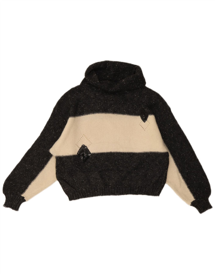 Pulover vintage pentru femei cu gât rulat, UK 14, lână neagră medie, bloc de culoare