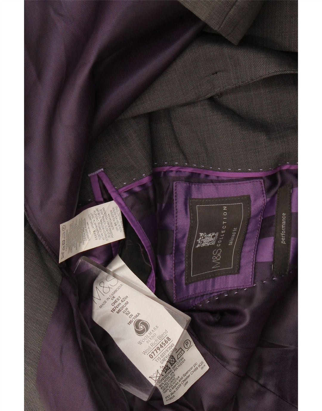 Jachetă pentru bărbați Marks & Spencer, croită, cu 2 nasturi, IT 52 XL, lână gri
