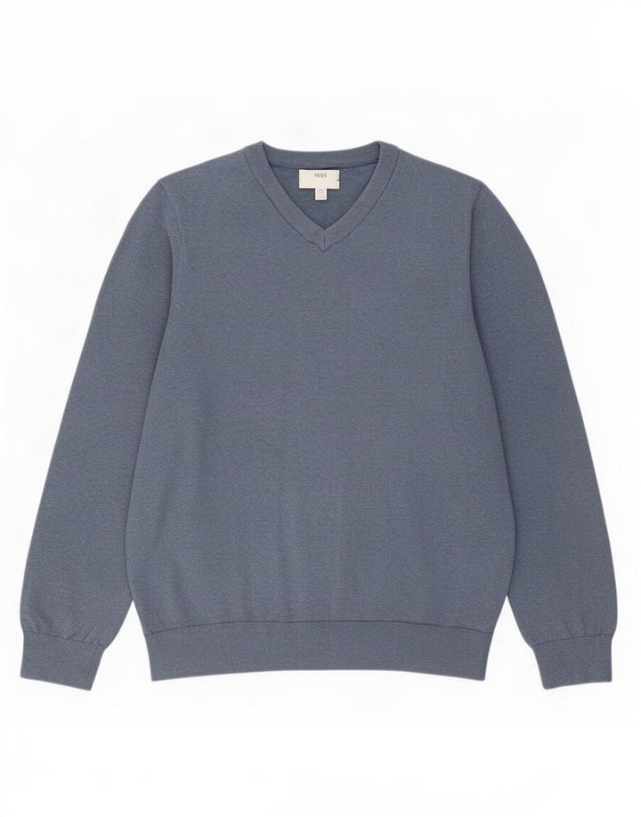 Pulover cu decolteu în V pentru bărbați Marks & Spencer, bumbac albastru 2XL