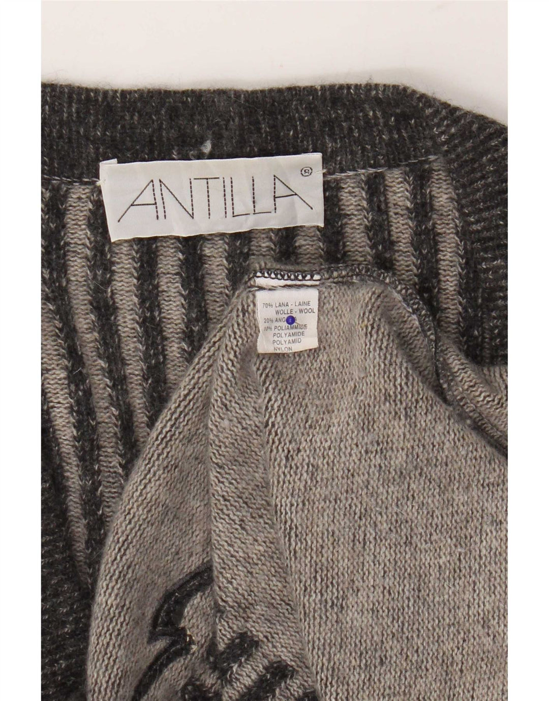 Pulover Vintage cardigan cu paragate pentru femei UK 14 Lână cu dungi gri mediu