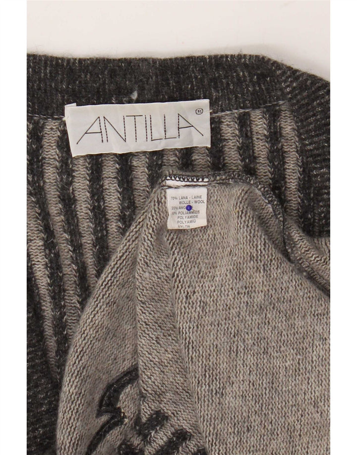 Pulover Vintage cardigan cu paragate pentru femei UK 14 Lână cu dungi gri mediu