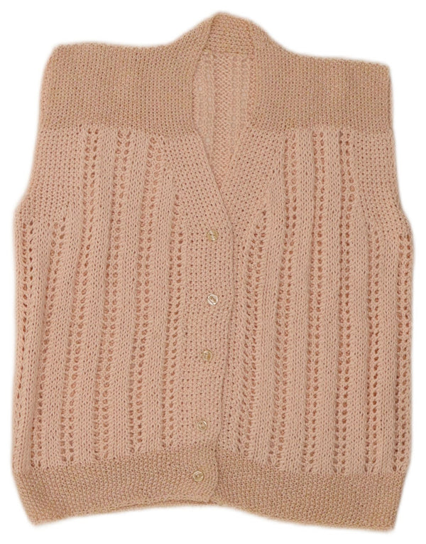 Pulover cardigan din croșetat fără mâneci vintage pentru femei UK 4 XS roz