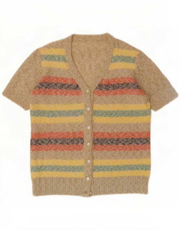 Vintage Pulover cardigan cu mânecă scurtă pentru femei UK 14 Medium Beige Dungi