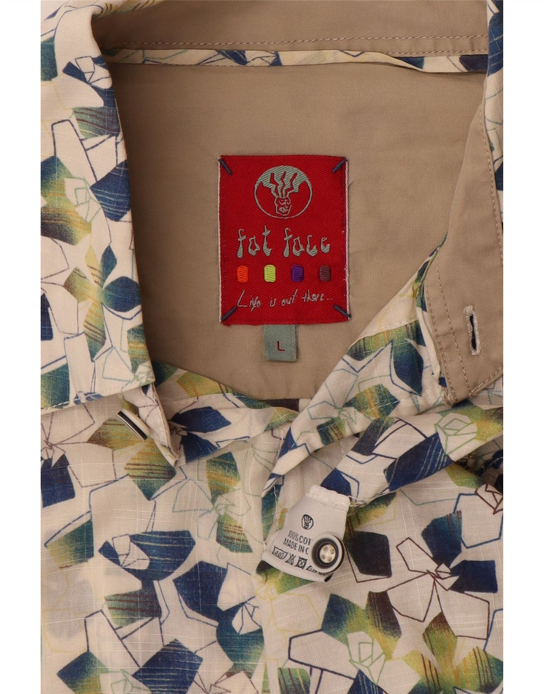 FAT FACE Cămașă cu mânecă scurtă pentru bărbați, mare din bumbac geometric alb