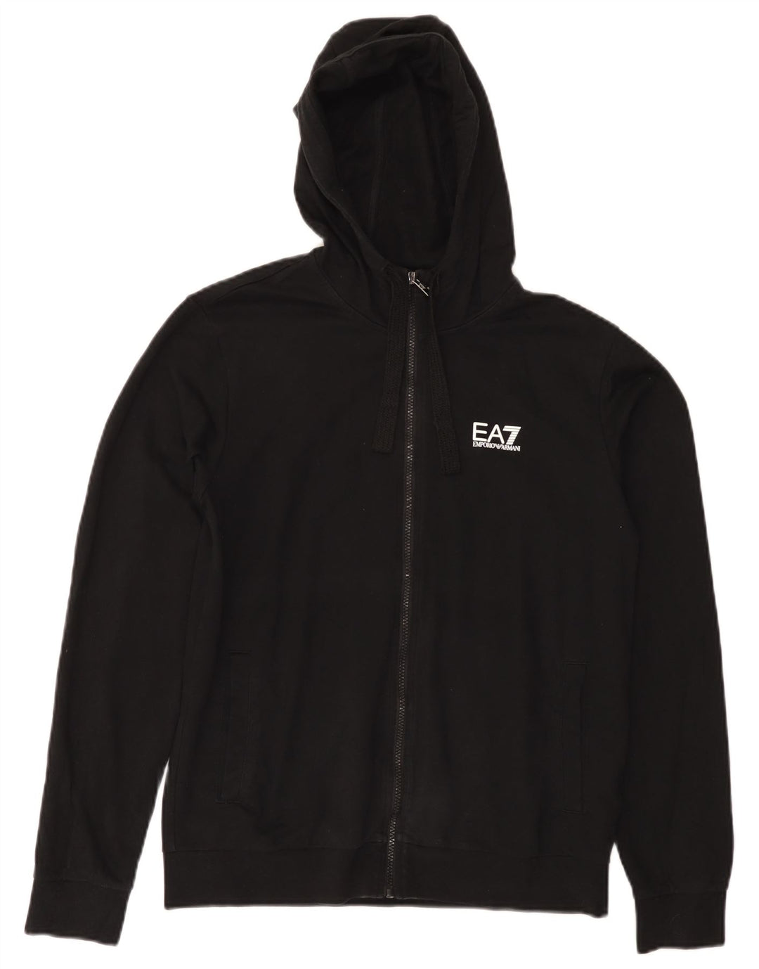 EMPORIO ARMANI Pulover cu capota cu fermoar pentru femei UK 14 Bumbac mediu negru